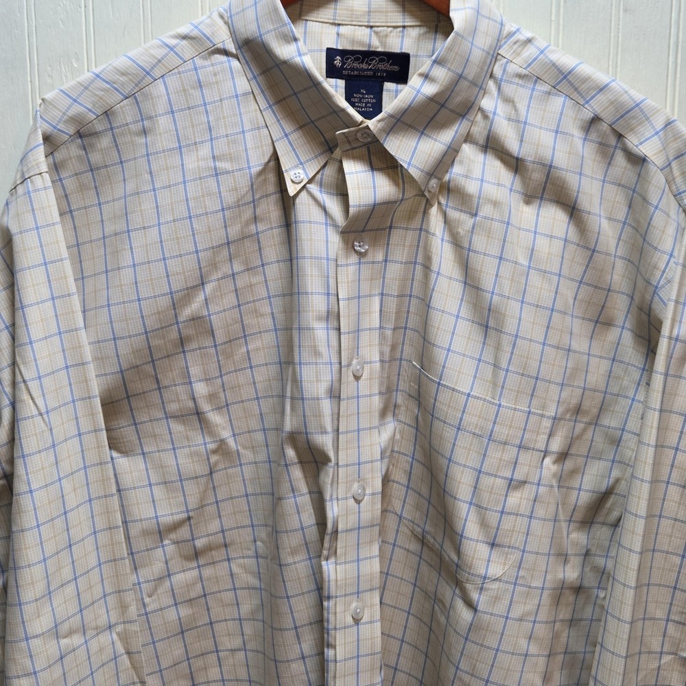 Brooks Brothers Dress Shirt Mens XL Yellow Check Classic Non Iron Long Sleeve